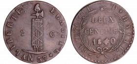 Haïti - République (1825-1849) - 2 centimes 1840 (An 37)
TTB
KM#A22
Cu ; 5.07 gr ; 26 mm