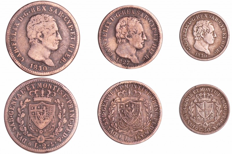 Italie - Carlo Felice (1821-1831) - Lot de 3 monnaies 2 lire 1830, 1 lire 1827 e...