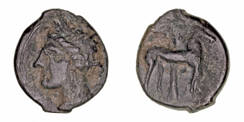Cartago
AE-16. (siglo IV a.C.). A/Cabeza de Tanit a izq. R/Caballo parado a der...
