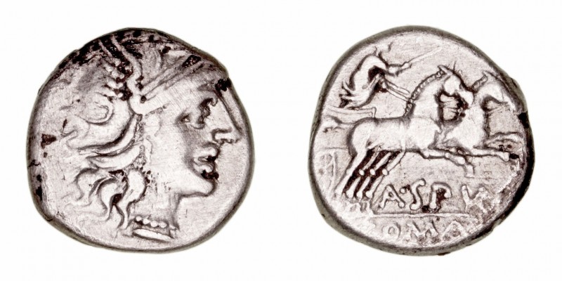 Spurilia
Denario. AR. Roma. (139 a.C.). A/Cabeza de Roma a der., detrás X. R/Di...