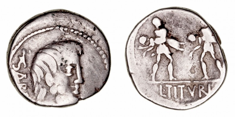 Tituria
Denario. AR. Roma. (89 a.C.). A/Cabeza del rey Tatius a der., delante (...