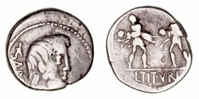 Tituria
Denario. AR. Roma. (89 a.C.). A/Cabeza del rey Tatius a der., delante (palma) y detrás (SABIN). R/Dos guerreros romanos con dos sabinas en su...