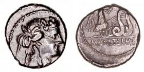 Volteia
Denario. AR. Roma. (78 a.C.). A/Cabeza de Baco a der. R/Ceres con dos antorchas en biga, arrastrada por serpientes a der., detrás símbolo, de...