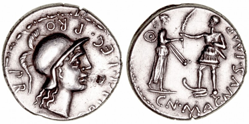 Pompeyo Magno
Denario. AR. Hispania. (46-45 a.C.). A/Cabeza de Palas a der., al...