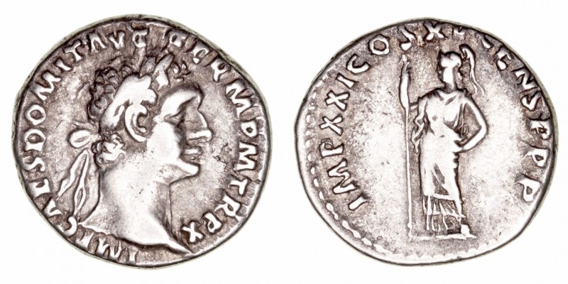 Domiciano
Denario. AR. Roma. (81-96). R/IMP. XXI COS. XV CENS. P. P. P. Minerva...