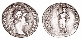 Domiciano
Denario. AR. Roma. (81-96). R/IMP. XXI COS. XV CENS. P. P. P. Minerva pie a izq. portando lanza. 3.50g. RIC.722. MBC.