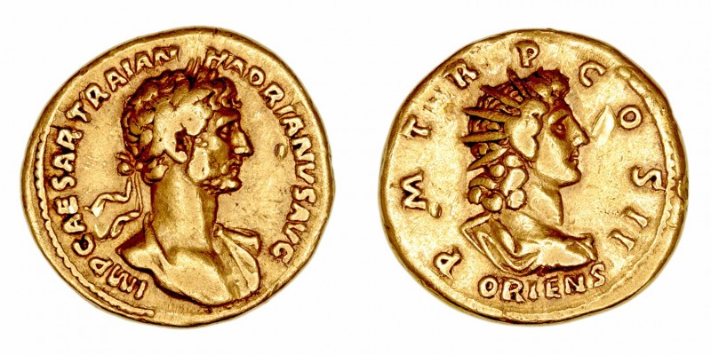 Adriano
Áureo. AV. Roma. (117-138). A/Busto laureado y drapeado de Adriano a de...