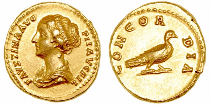 Faustina, esposa de M. Aurelio
Áureo. AV. Roma. (161-180). A/Busto drapeado de ...