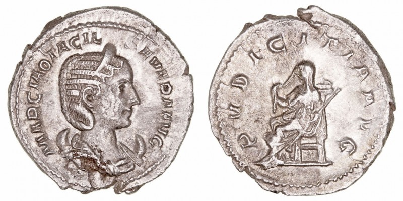 Otacilia Severa, esposa de Filipo I
Antoniniano. AR. R/PVDICITIA AVG. 3.41g. RI...