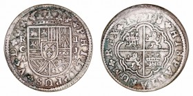 Felipe V
2 Reales. AR. Cuenca JJ. 1718. 5.28g. Cal.670 (2019). Puntos de verdín. Escasa. (BC+).