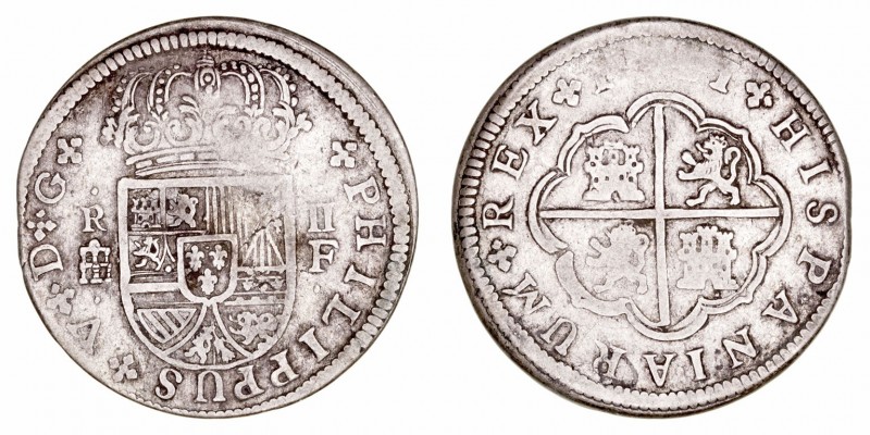 Felipe V
2 Reales. AR. Segovia F. (1721). 5.67g. Cal.953 (2019). Sucia. (BC-).