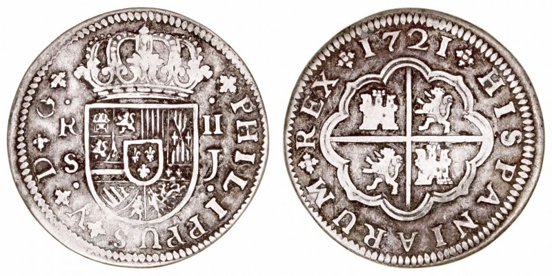 Felipe V
2 Reales. AR. Sevilla J. 1721. 5.48g. Cal.979 (2019). Algo sucia. (BC+...