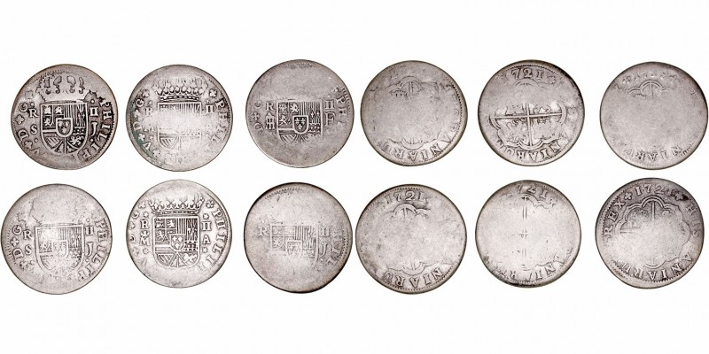 Felipe V
2 Reales. AR. Lote de 6 monedas. 1721 Madrid (2), 1719 y 1721 Segovia,...