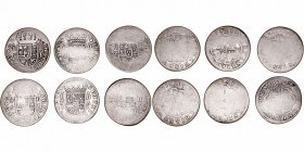 Felipe V
2 Reales. AR. Lote de 6 monedas. 1721 Madrid (2), 1719 y 1721 Segovia, (1721) Sevilla (2). RC.