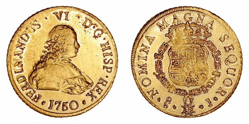 Fernando VI
8 Escudos. AV. Santiago J. 1750. 27.04g. Cal.822 (2019). Conserva r...