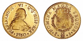 Fernando VI
8 Escudos. AV. Santiago J. 1750. 27.04g. Cal.822 (2019). Conserva restos de brillo original, bella pieza con ligeras rayitas y vano de cu...