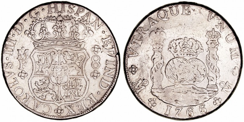Carlos III
8 Reales. AR. Méjico MF. 1766. Tipo columnario. 26.71g. Cal.1090 (20...