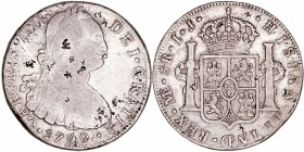 Carlos IV
8 Reales. AR. Lima IJ. 1799. Resellos orientales. 26.08g. Cal.917 (2019). MBC-/MBC+.
