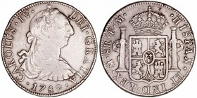 Carlos IV
8 Reales. AR. Méjico FM. 1789. Busto de Carlos III y ordinal IV. 26.73g. Cal.950 (2019). Golpes en canto. (MBC-).