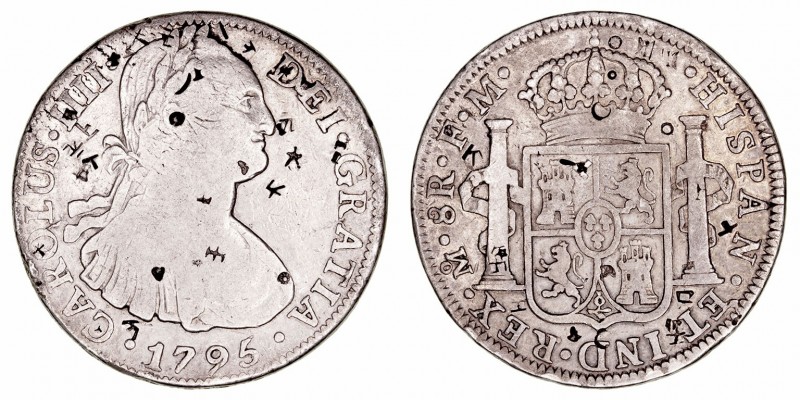Carlos IV
8 Reales. AR. Méjico FM. 1795. Variados resellos orientales. 26.66g. ...