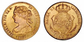 Isabel II
100 Reales. AV. Madrid. 1857. Falsa de época. 8.35g. Barrera No cat. Interesante. MBC+.