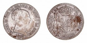 Isabel II
10 Reales. Latón. Barcelona. 1853. Falsas de época. 10.45g. Barrera 801. Plateada. (BC+).