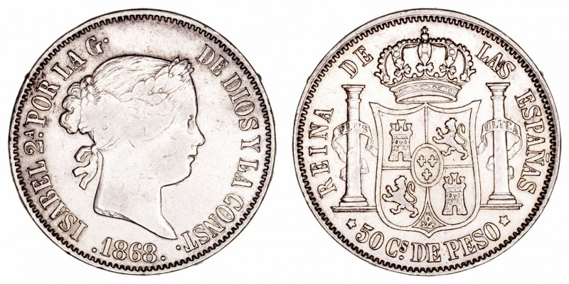 Isabel II
50 Centavos de Peso. AR. Manila. 1868. 12.91g. Cal.667 (2019). MBC.