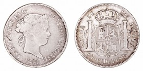 Isabel II
50 Centavos de Peso. AR. Manila. 1868. 12.87g. Cal.667 (2019). Rayita en anverso. (MBC-).