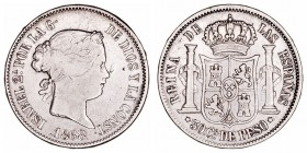 Isabel II
50 Centavos de Peso. AR. Manila. 1868. 12.92g. Cal.667 (2019). Marcas en anverso. (MBC-).