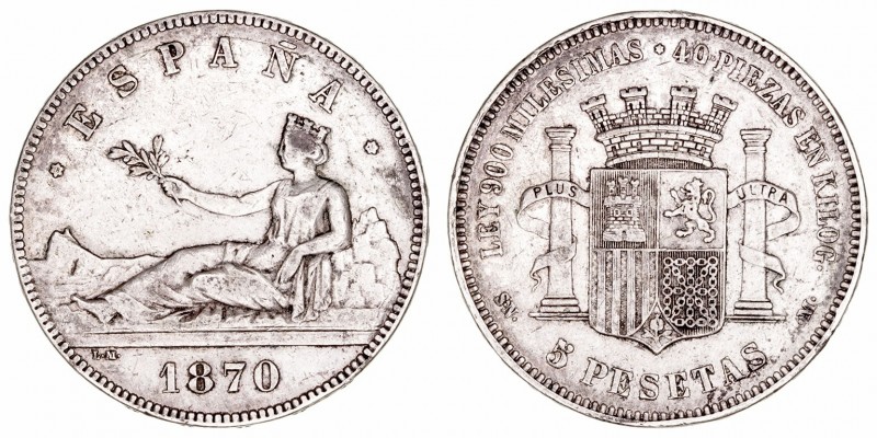 Gobierno Provisional
5 Pesetas. AR. 1870 *18-70 SNM. 24.99g. Cal.39 (2019). Suc...