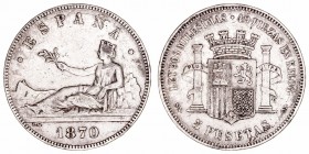Gobierno Provisional
5 Pesetas. AR. 1870 *18-70 SNM. 24.99g. Cal.39 (2019). Sucia. (BC+).