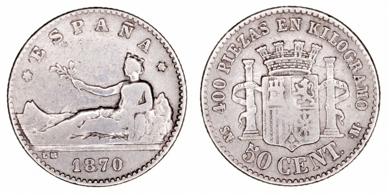 Gobierno Provisional
50 Céntimos. AR. 1870 SNM. 2.51g. Cal.15 (2019). Estrellas...