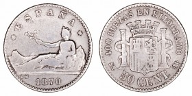 Gobierno Provisional
50 Céntimos. AR. 1870 SNM. 2.51g. Cal.15 (2019). Estrellas no visibles. (BC+).