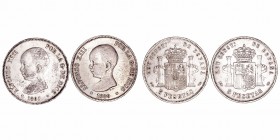Alfonso XIII
5 Pesetas. AR. Lote de 2 monedas. 1889 y 1891. Estrellas visibles. MBC- a BC.