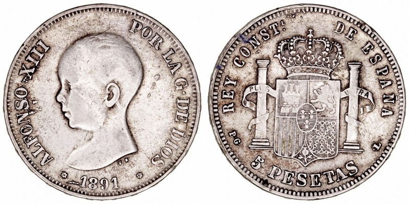 Alfonso XIII
5 Pesetas. AR. 1891 *18-(91/87) PGL. Falsa de época. No coincident...