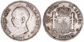 Alfonso XIII
5 Pesetas. AR. 1891 *18-(91/87) PGL. Falsa de época. No coincidente, 22 barras en escudete y L corta. Números de la segunda estrella alg...