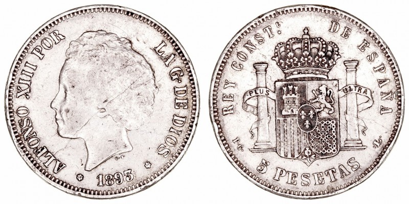 Alfonso XIII
5 Pesetas. AR. 1893 *18-93 PGL. 24.85g. Cal.102 (2019). Grieta que...