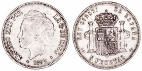 Alfonso XIII
5 Pesetas. AR. 1893 *18-93 PGL. 24.85g. Cal.102 (2019). Grieta que cruza la moneda (cuño roto, de ahí su peculiar sonido) y golpes en ca...