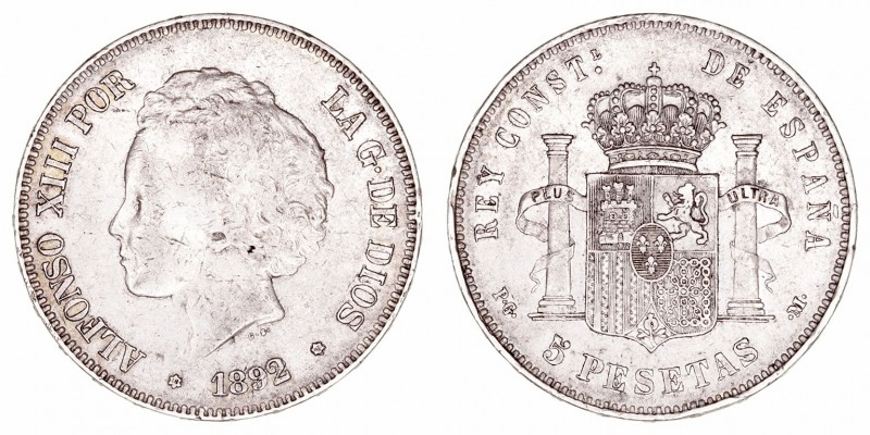 Alfonso XIII
5 Pesetas. AR. 1892 *18-92 PGM. 24.96g. Cal.19. Segunda estrella b...