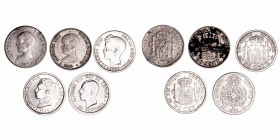 Alfonso XIII
50 Céntimos. AR. Lote de 5 monedas. 1889 *8-9 (resto de soldadura), 1892 *9-2, 1900 *0-0, 1904 *0-4 y 1926. (MBC a BC-).