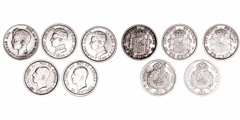 Alfonso XIII
50 Céntimos. AR. Lote de 5 monedas. 1900 *0-0, 1904 *0-4 (2) y 192...