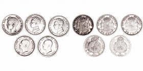 Alfonso XIII
50 Céntimos. AR. Lote de 5 monedas. 1900 *0-0, 1904 *0-4 (2) y 1926 (2). MBC+ a MBC-.