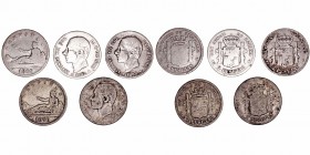 Lotes de Conjunto
2 Pesetas. AR. Lote de 5 monedas. 1869, 1870, 1882, 1883 y fnv. Estrellas no visibles. (BC+ a RC).