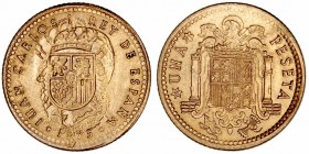 Juan Carlos I
Peseta. AE. 1975 *19-77. Resellado sobre el busto escudo de España (posiblemente Carlista). Curiosa. MBC+.