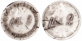 Fichas, resellos y curiosidades
Ficha. Metal blanco. Banco Comercial Tarraco, Hermanos Escuelas Cristianas. 2 Pesetas. 28.00mm. Rayas. (BC-).