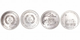 Alemania 
5 Marcos. Cuproníquel. RDA/DDR. Lote de 2 monedas. 1988 Rostock y 1988 Saxonia. EBC.
