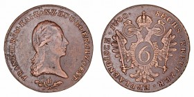 Austria Francisco II
6 Kreuzer. AE. 1800 B. 12.90g. Her.1030. Rayitas. Bonito color. (MBC/EBC-).