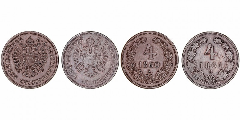 Austria Francisco José I
4 Kreuzer. AE. Lote de 2 monedas. 1860 A y 1861 B. MBC...