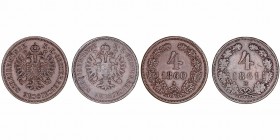 Austria Francisco José I
4 Kreuzer. AE. Lote de 2 monedas. 1860 A y 1861 B. MBC+ a MBC-.