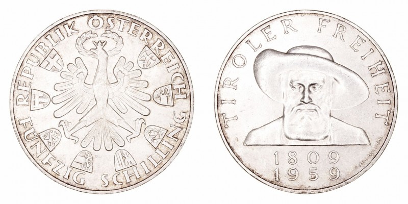 Austria 
50 Schilling. AR. 1959. Tiroler Freiheit. 20.04g. KM.2888. Escasa. EBC...